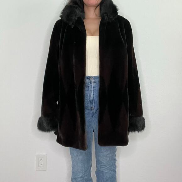 Nuage Dark Brown Black Faux Fur Hooded Coat w/ Trim Diamond Pattern Y2K - Picture 16 of 16